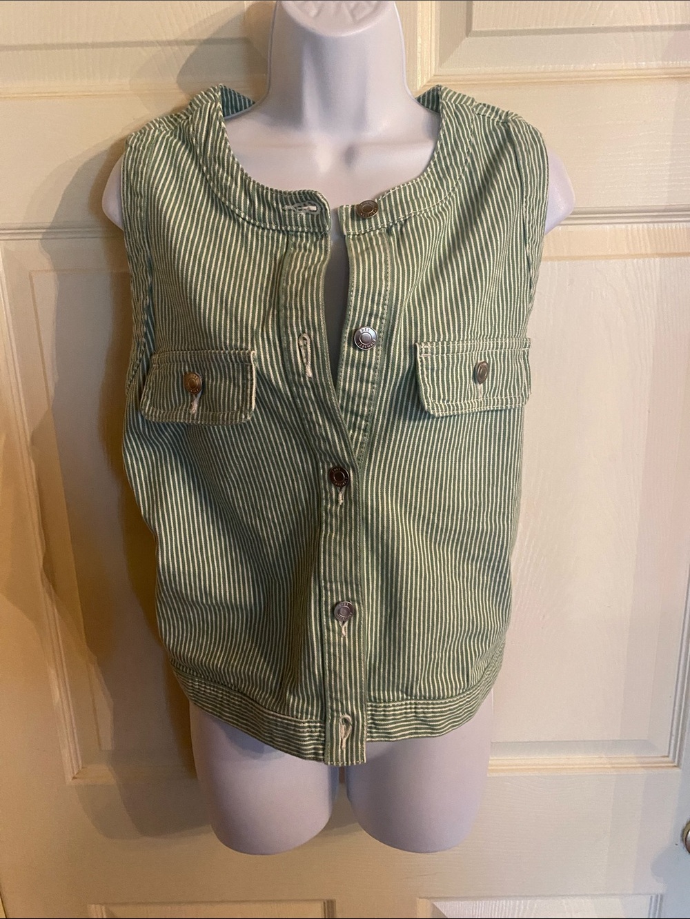 Sleeveless Green Striped Button-Front Vest